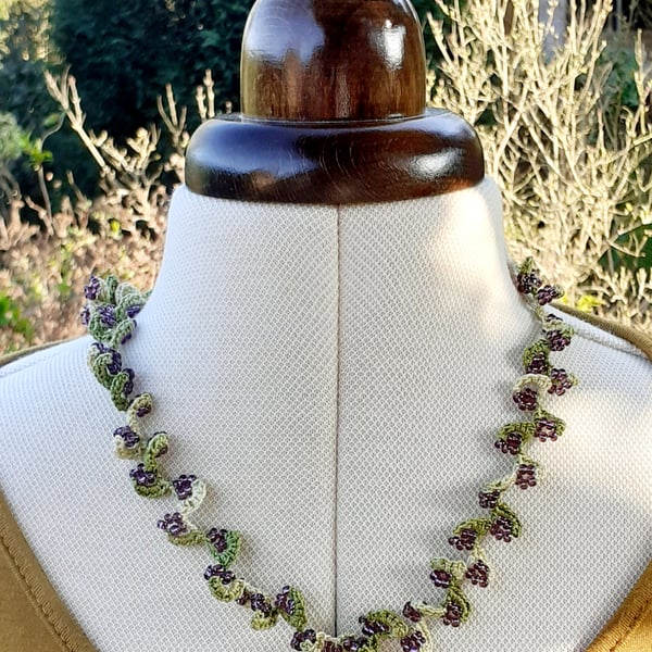 Crochet Cotton and Bead Necklace - Greens and Mauve