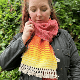 British Wool Hand Dyed & Woven Scarf in Graduating Lemon to Burgundy Diamonds