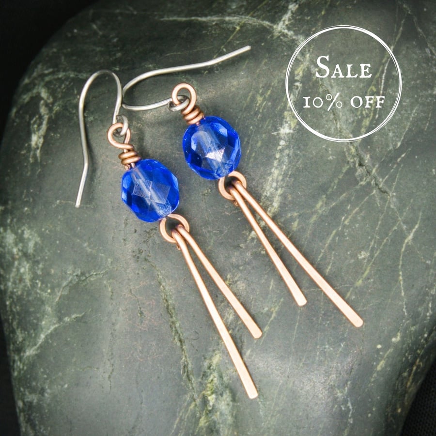 SALE - Hammered Copper Dangle Earrings with Faceted Blue Glass Beads