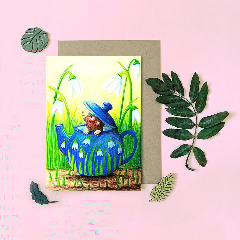 Mole Card  - Blank Card - Snowdrops Card - Greeting Card
