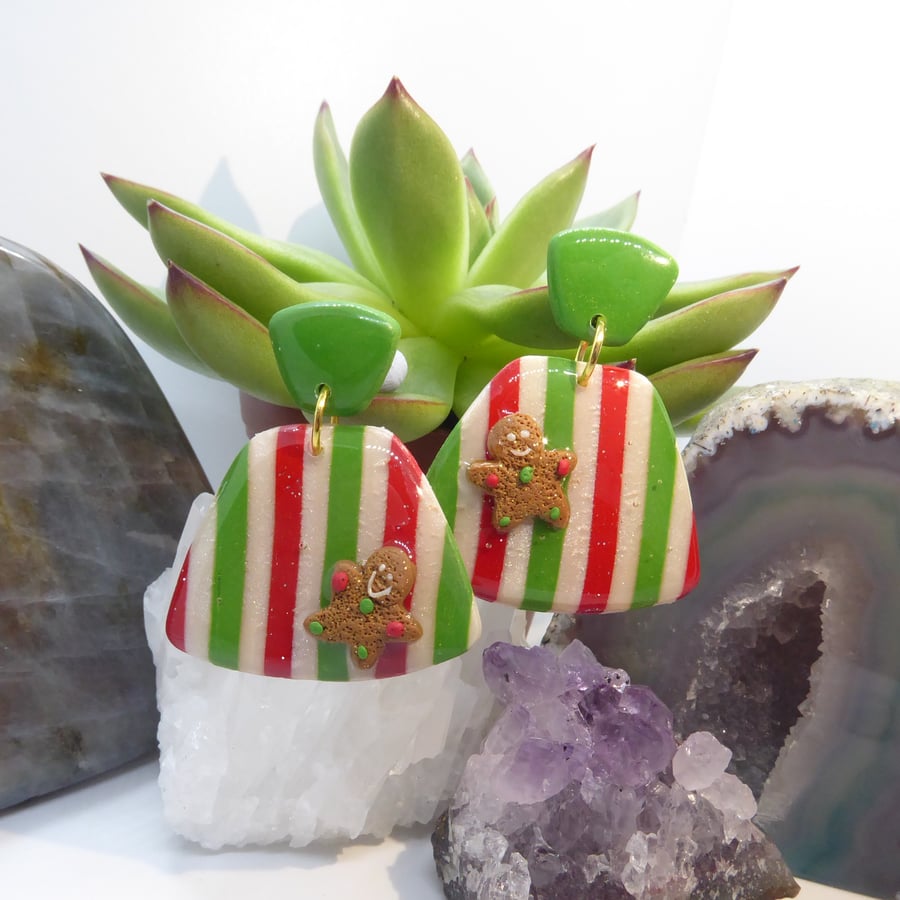 Red, White and Green Christmas Earrings with Gingerbread and Candy Canes