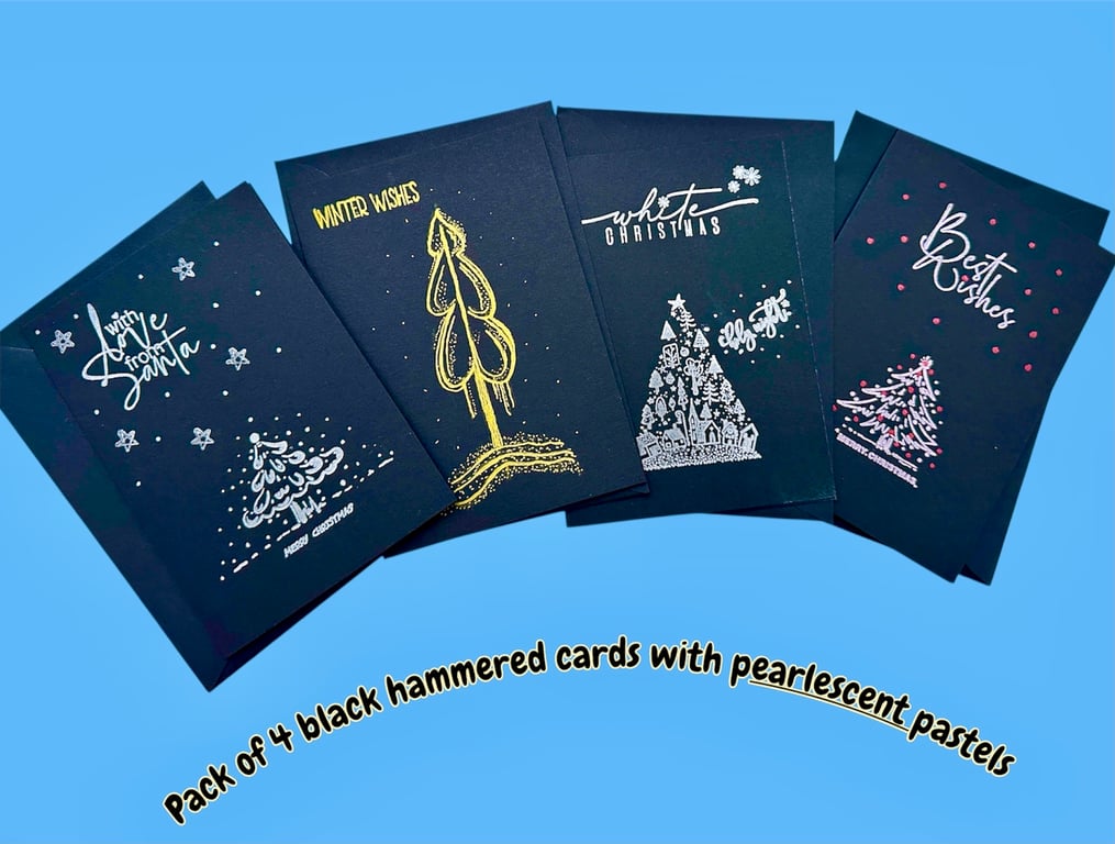 Pack of 4 Hand printed black Christmas cards with pearlescent pastel trees 