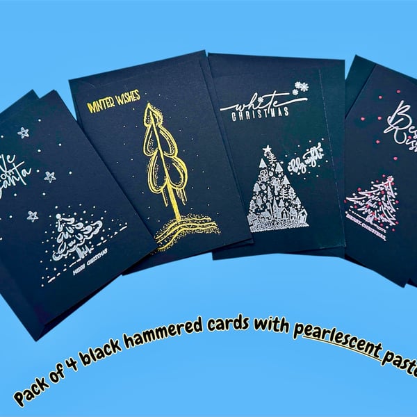 Pack of 4 Hand printed black Christmas cards with pearlescent pastel trees 