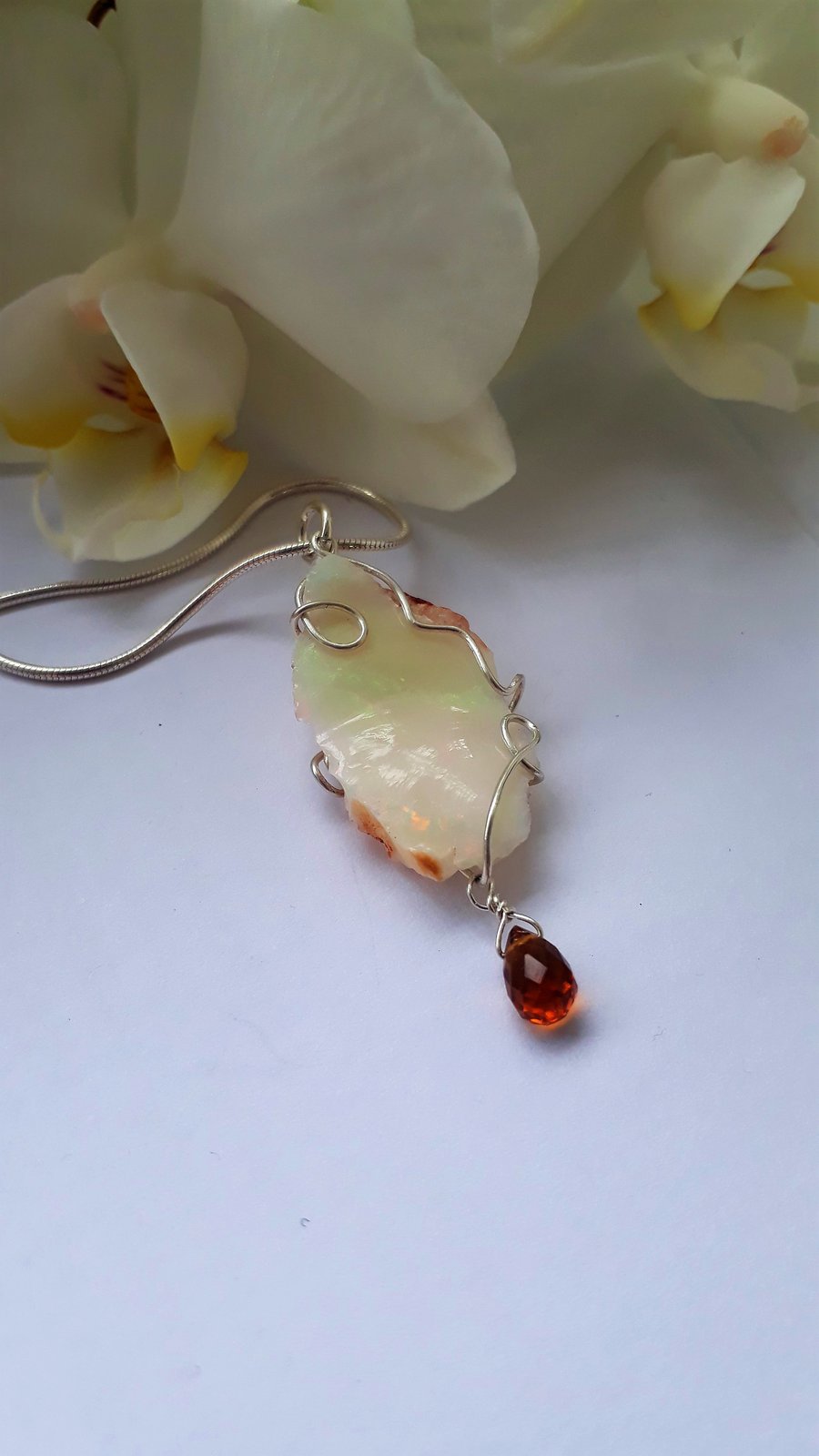 Opal Wire Wrapped Pendant with Madiera Garnet Drop
