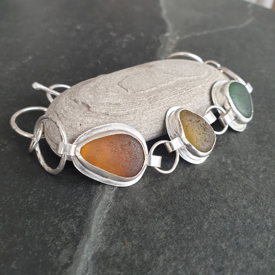 Autumnal sea glass statement bracelet, Gift for seaglass collector