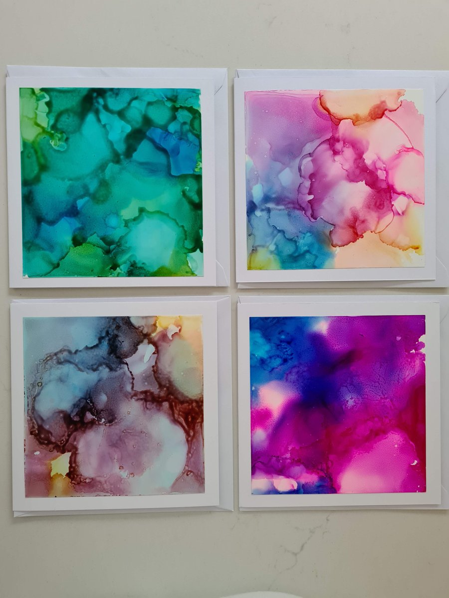 Four original alcohol ink abstract art handpainted cards
