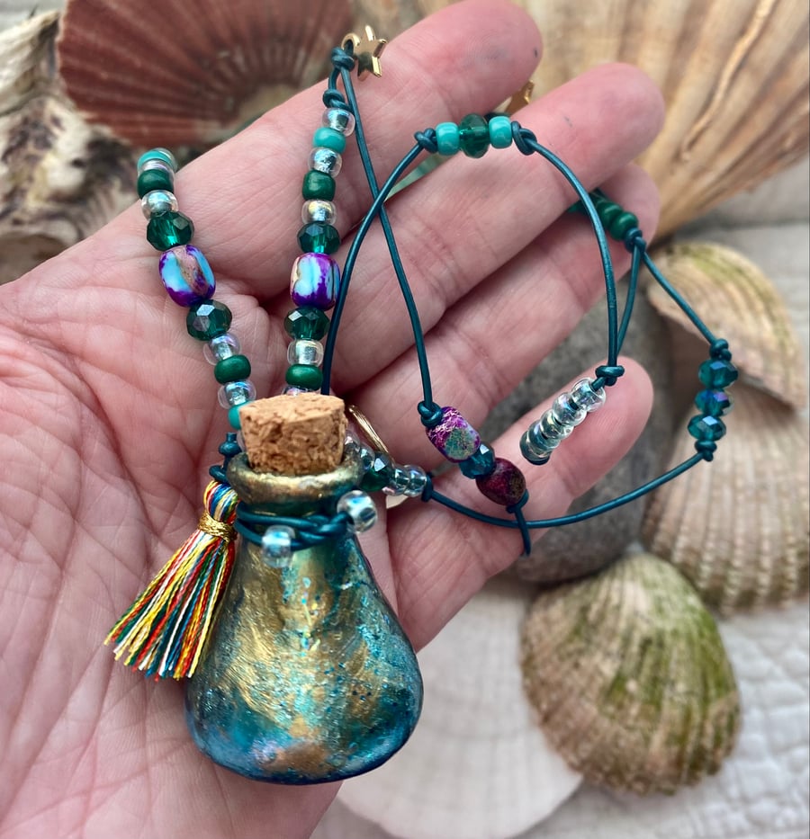 Boho Bling ceramic bottle necklace on beaded metallic leather - BBBN01