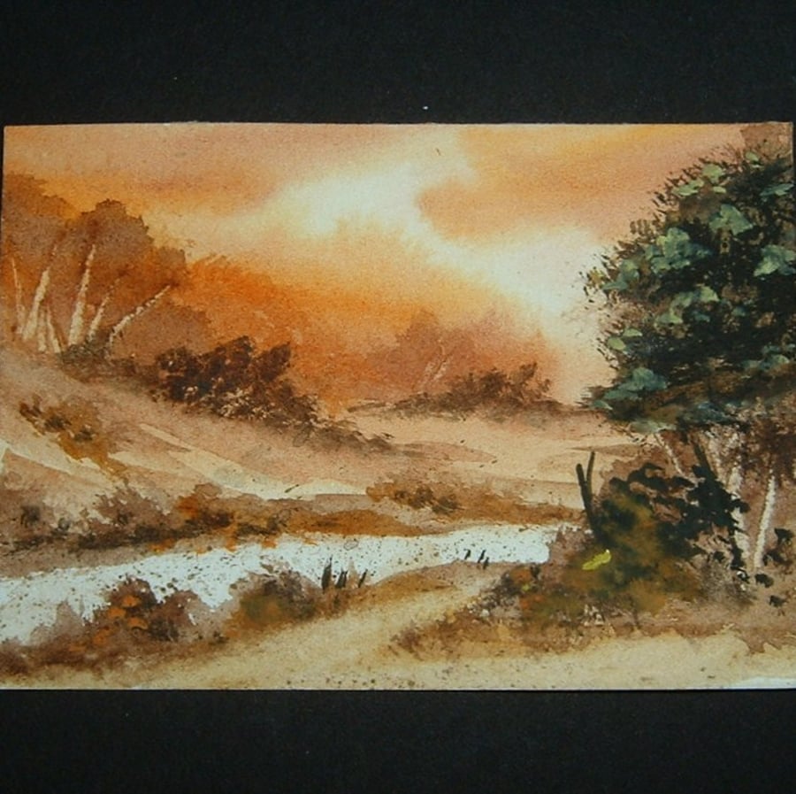 landscape art painting original aceo watercolour autumn ref 32