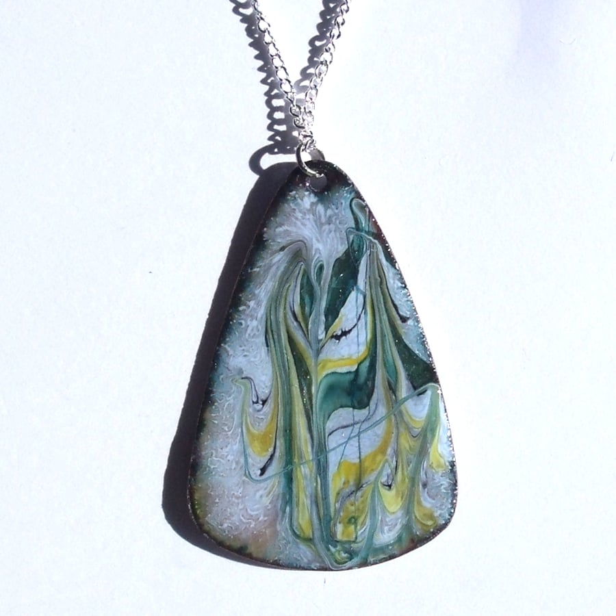 enamelled pendant - scrolled blue-green and gold on pale blue