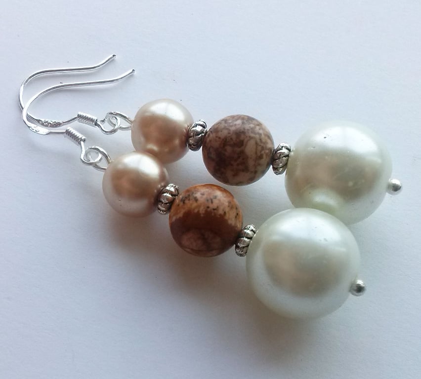 Silver Plate White Glass Pearl Picture Jasper Bead Earrings