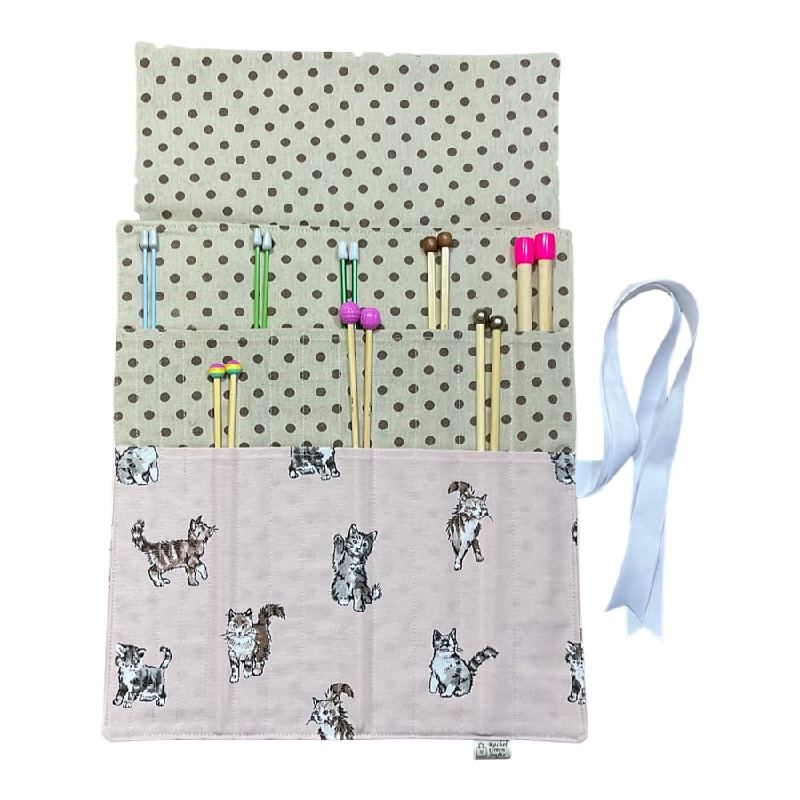 Straight knitting needle case with cats, needle roll, needle case, needle storag