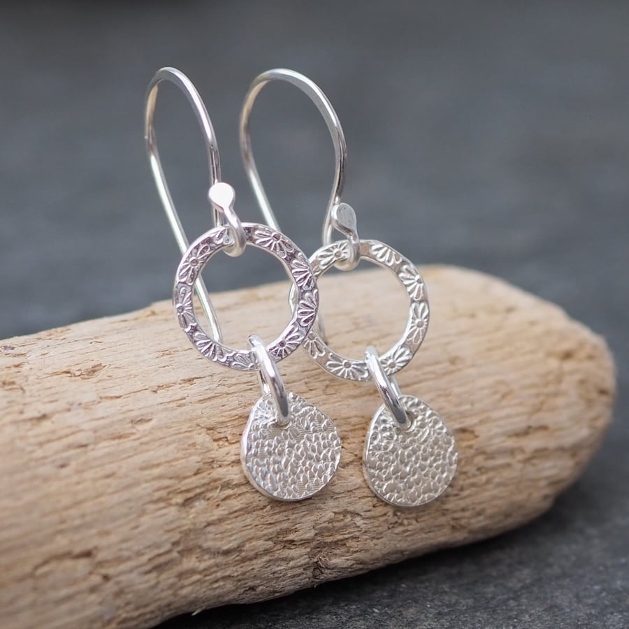 Silver Flower Hoop Drop Earrings, Handmade Silver Jewellery