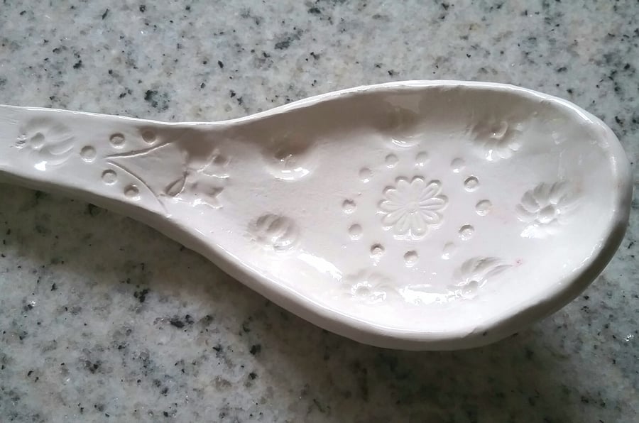 Handmade ceramic spoon in white clay with clear glaze - decorated gift