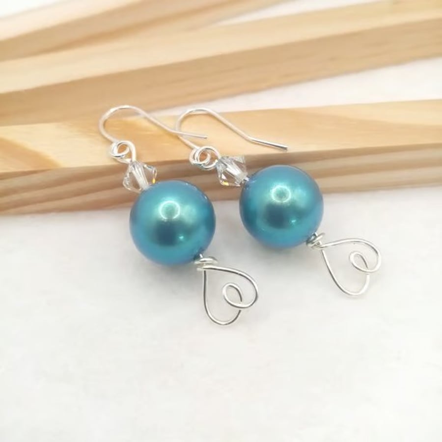 Pearlescent Blue Preciosa Pearl & Crystal Heart Dangle Earrings - Gift Boxed 