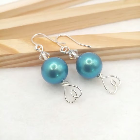 Pearlescent Blue Preciosa Pearl & Crystal Heart Dangle Earrings - Gift Boxed 