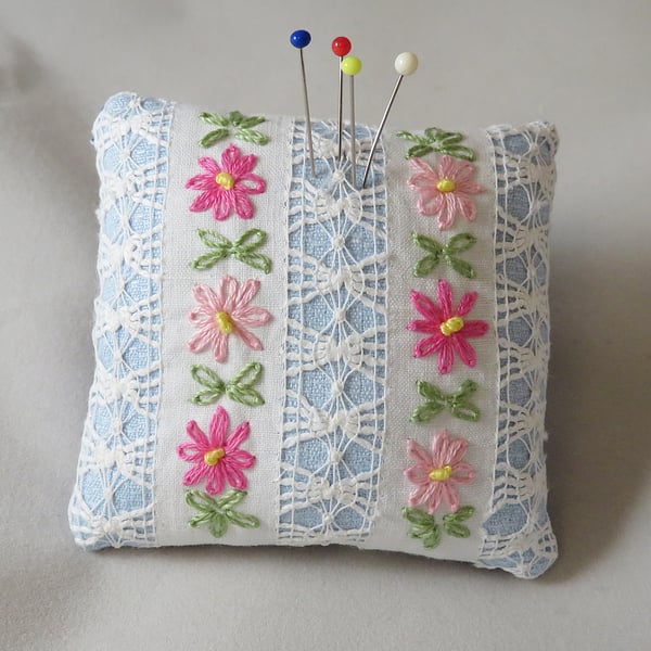 SALE Embroidered Drawn thread Pincushion from vintage linen.