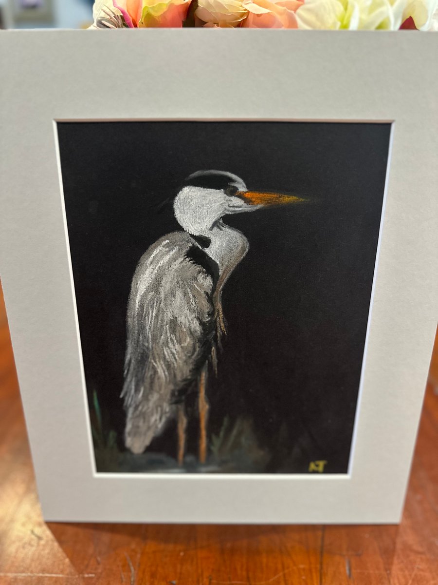 Original Chalk Pastel Drawing  - Heron - Framed