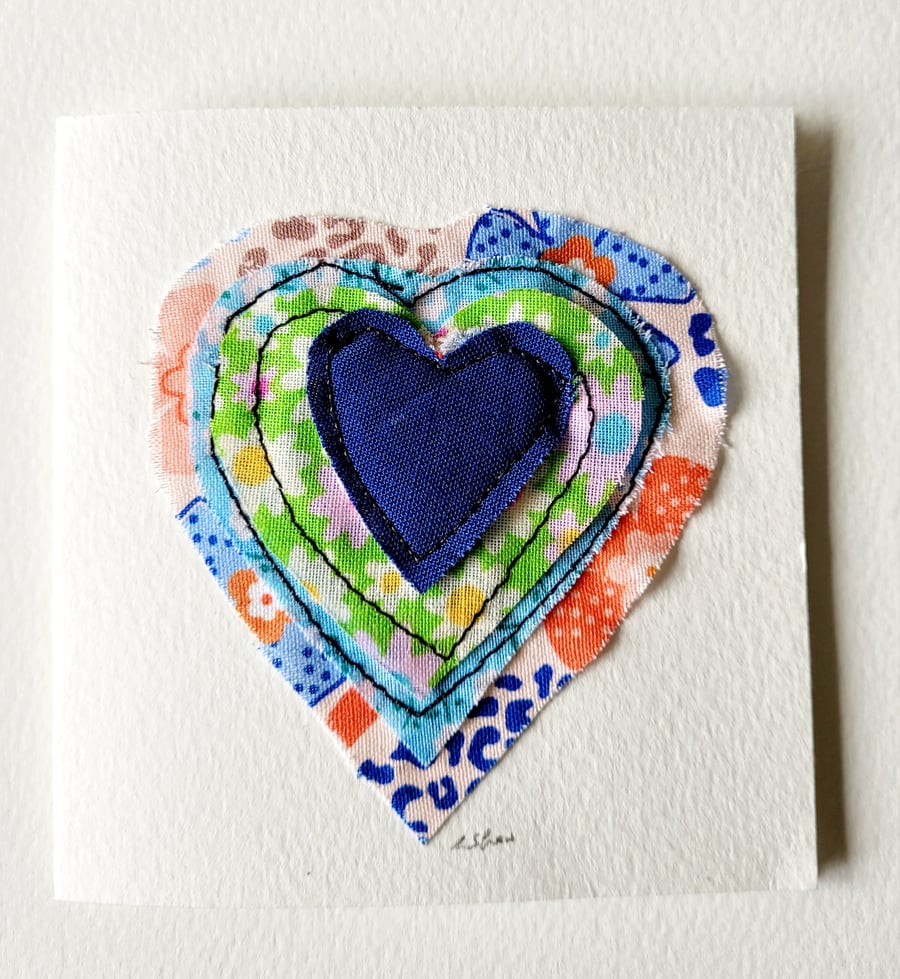Handmade 'Blue Layered Heart' Felt and Fabric Greeting Card