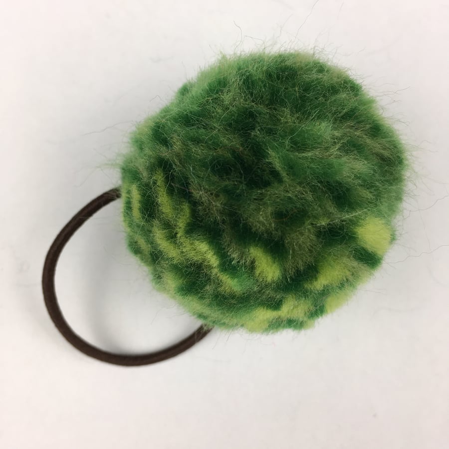 Green merino wool pom pom hair tie, hair bobble