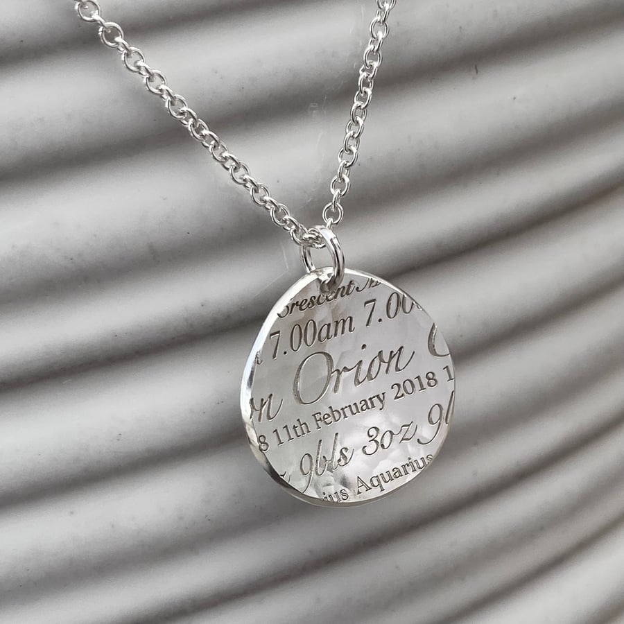 Handmade personalised sterling silver baby birth details pendant and chain