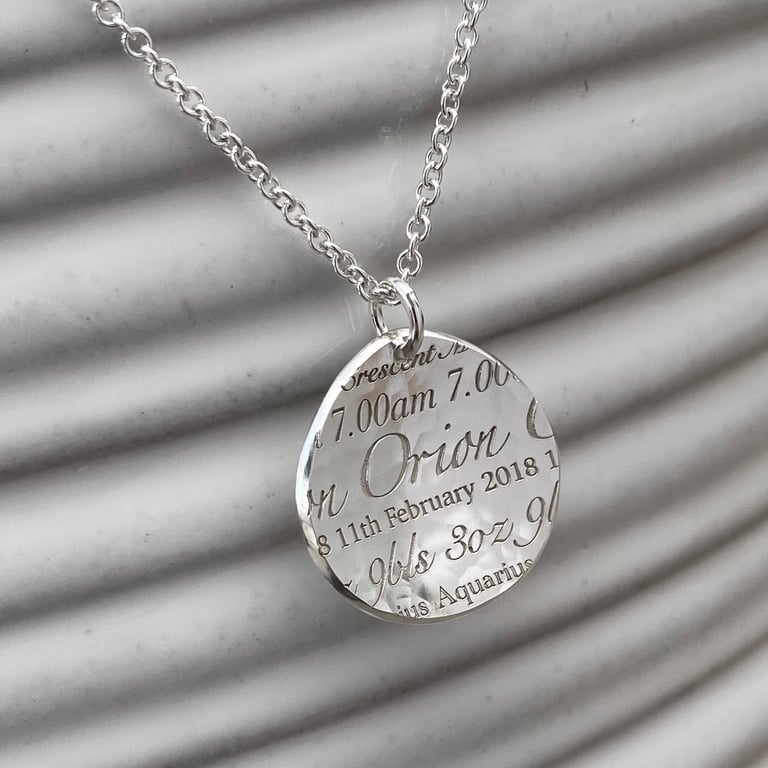 Handmade personalised sterling silver baby birth details pendant and chain