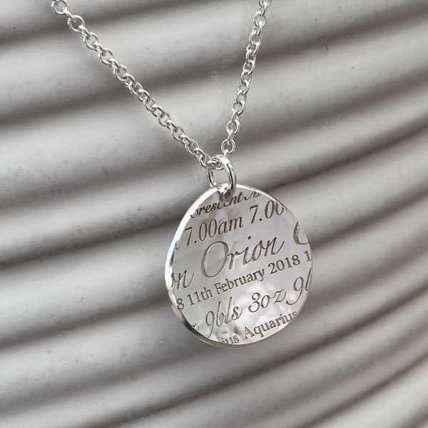 Handmade personalised sterling silver baby birth details pendant and chain