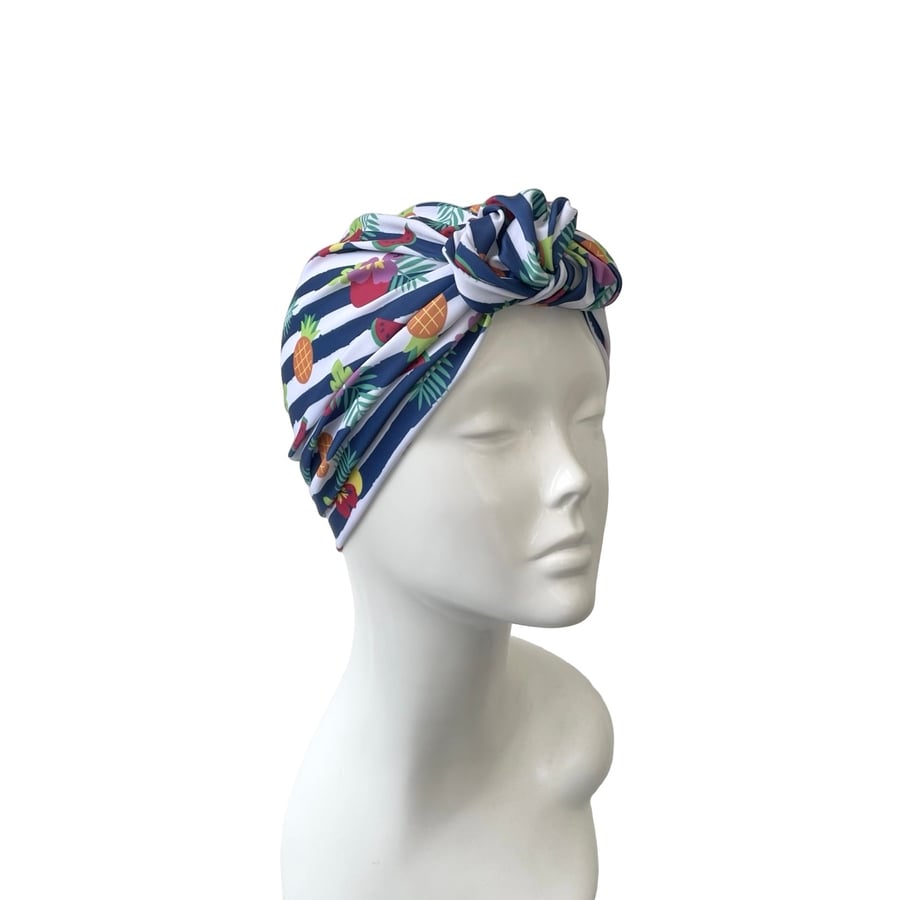White Navy UPF 50 Swim Cap Cover Turban Hat for Women Prettied Head Wrap 