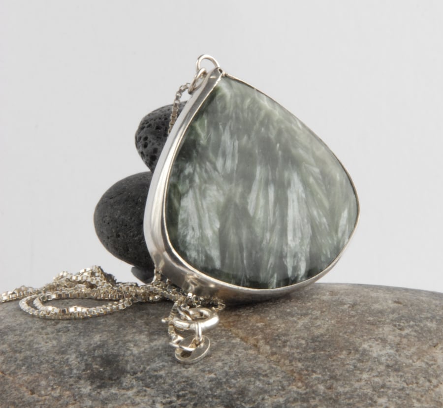 Sterling silver and grey green seraphinite pendant