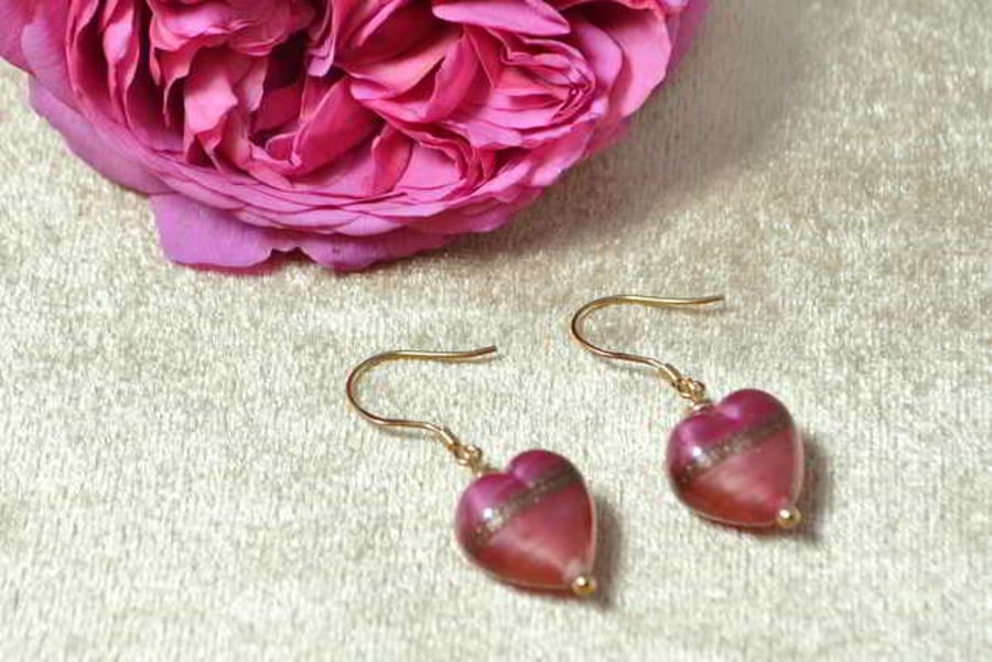 Rose Ruby Murano Glass Heart Earrings