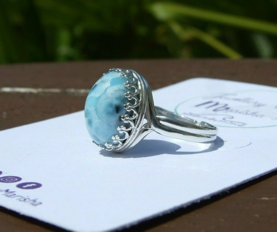 Ocean Blue Larimar and Sterling Silver .925 Adjustable Ring in Gift Box Size M-R