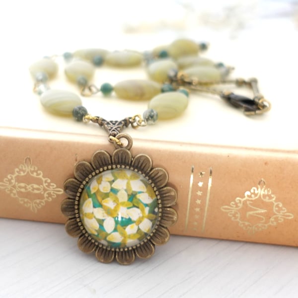 Vintage-Style Pendant Necklace, Flower Art Ornate Pendant, Rosary Style Necklace