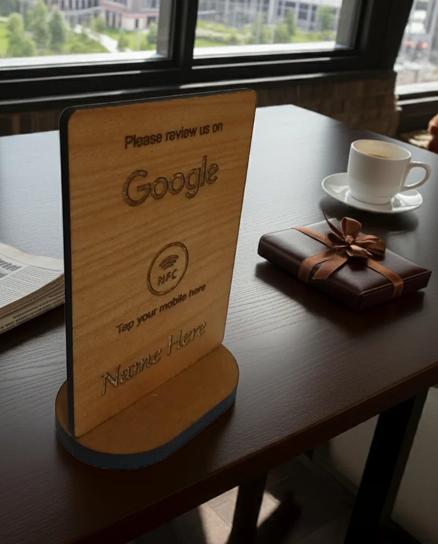 Tap to review sign and stand, NFC. Personalise. 