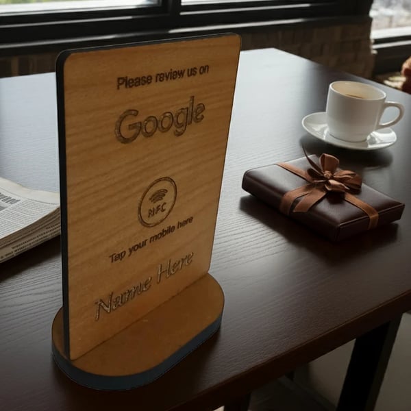 Tap to review sign and stand, NFC. Personalise. 