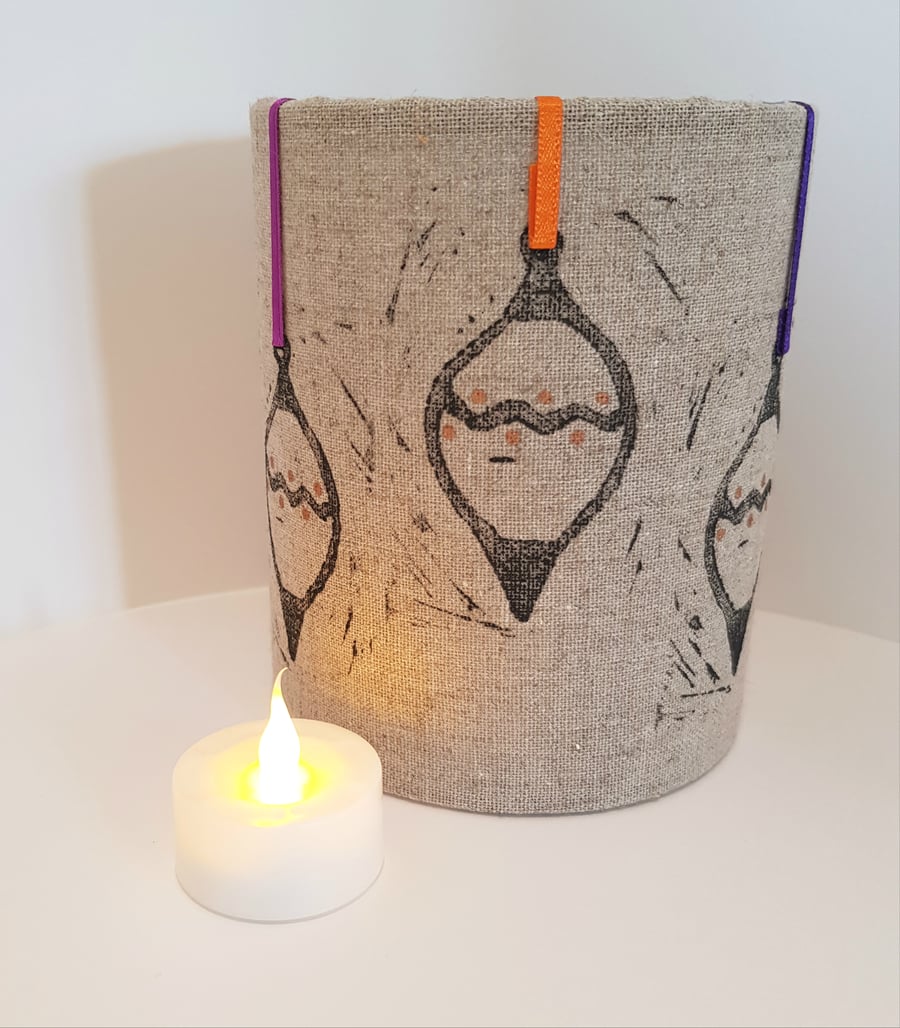 Hand printed bauble lantern with LED candle (Hessian with multicoloured ribbon)