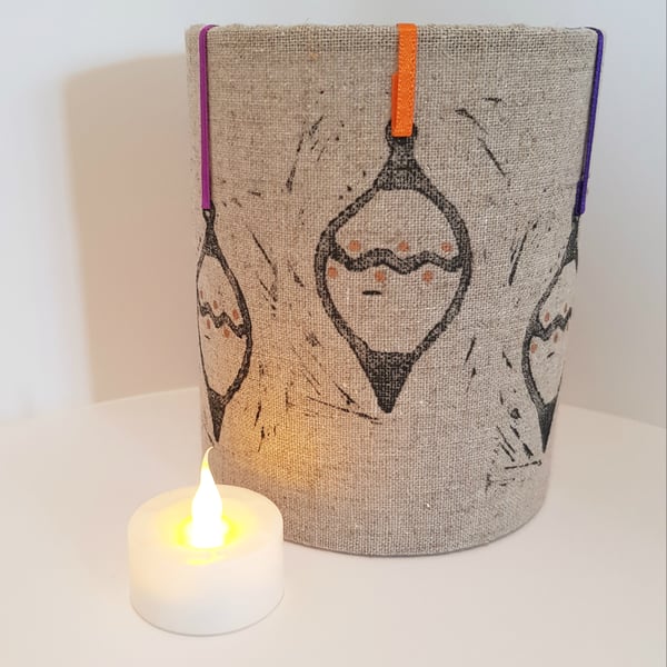 Hand printed bauble lantern with LED candle (Hessian with multicoloured ribbon)