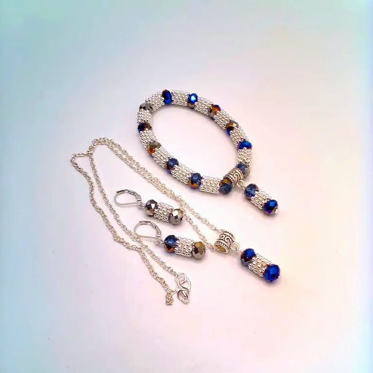 AB Coated Blue Crystals and Silver Snowflake Spacers 3 Piece Jewellery Set