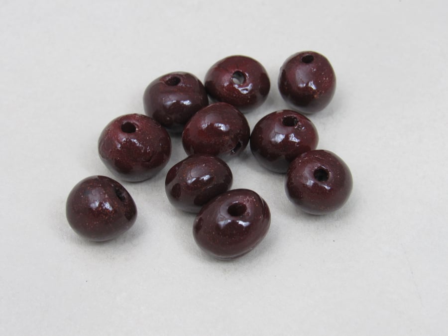10 Small Dark Copper Glazed Clay Beads