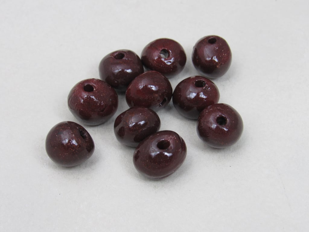 10 Small Dark Copper Glazed Clay Beads