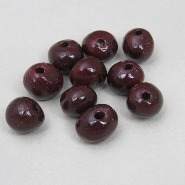 10 Small Dark Copper Glazed Clay Beads