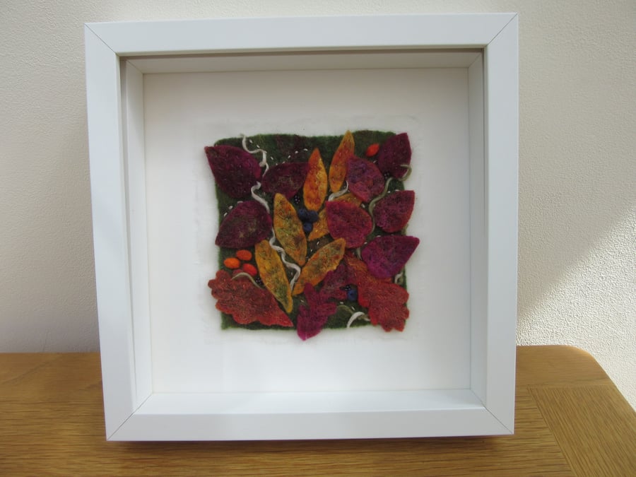 Autumn hedgerow picture, Hand felted leaf, leaves and berries framed art,