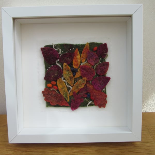 Autumn hedgerow picture, Hand felted leaf, leaves and berries framed art,