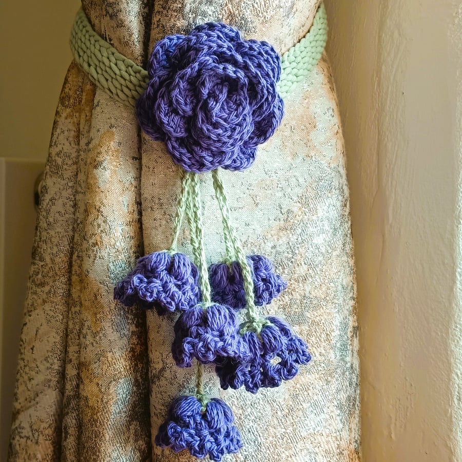 Crochet Purple Rose Curtain Tie Backs Set of Two