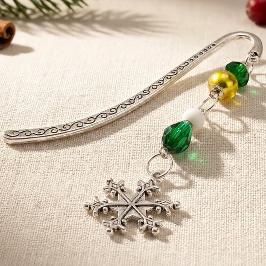 Image of Festive Snowflake Beaded Metal Bookmark,