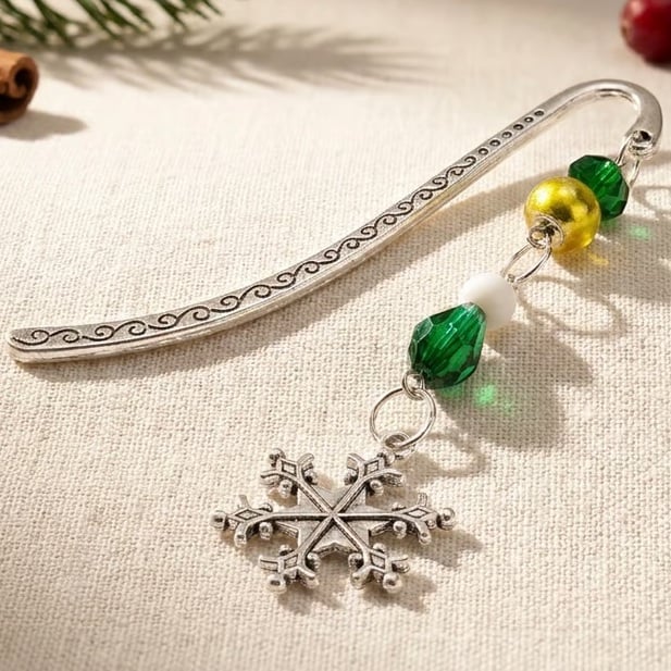 Festive Snowflake Beaded Metal Bookmark,
