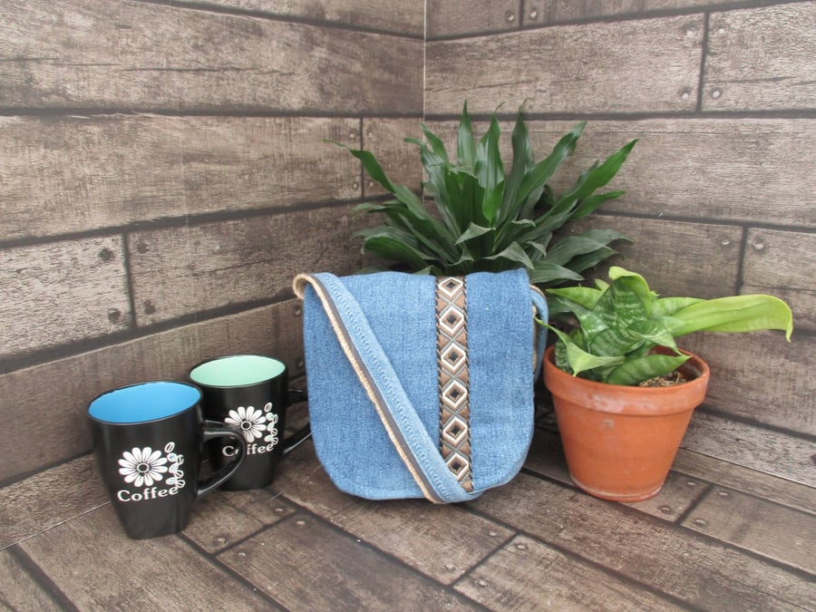 Image of Upcycled Coffee Sack - Mini Shoulder Bag - Denim with Braid
