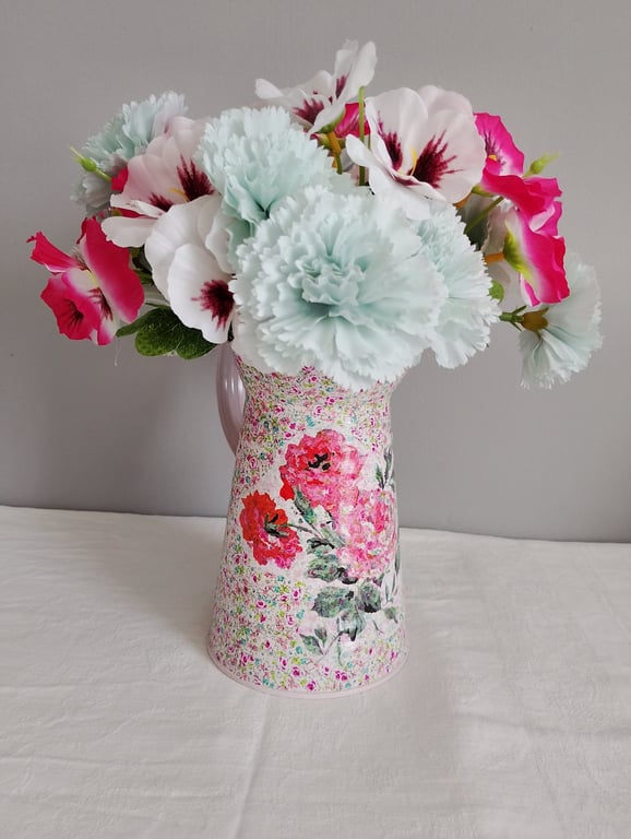 Metal Pitcher with Pink Rose Design & Artificial Flower Arrangement