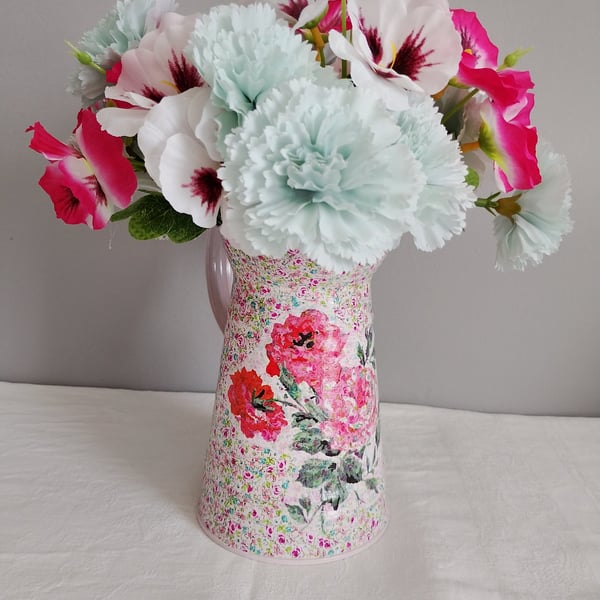 Metal Pitcher with Pink Rose Design & Artificial Flower Arrangement