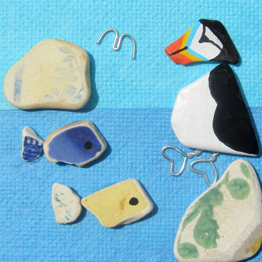 Framed Beach Pebble Art: Puffin & Pottery Fish - Sea Pottery & Driftwood Picture