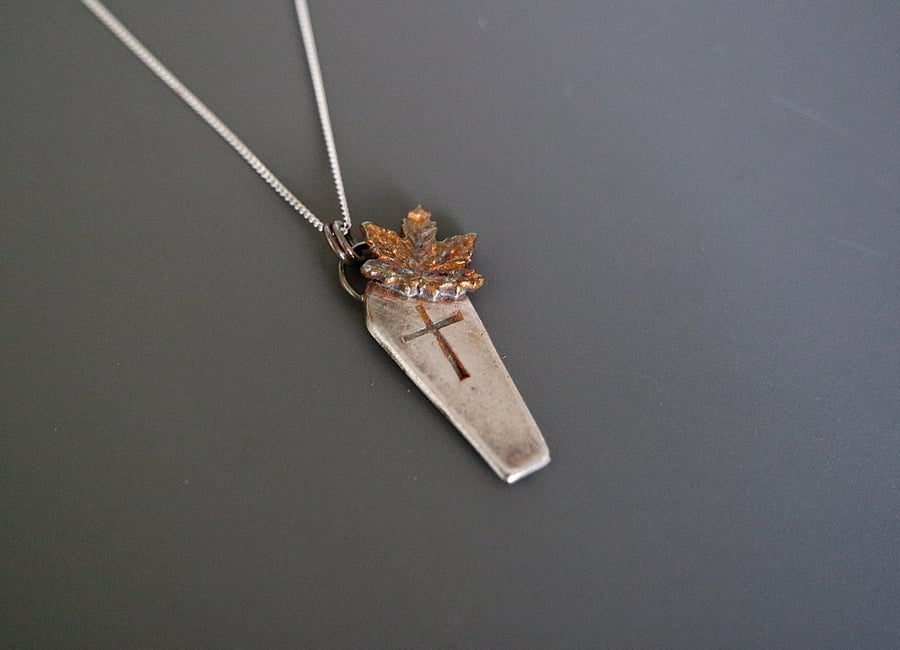 maple leaf coffin necklace, autumn, fall, Halloween, quirky silver jewellery 