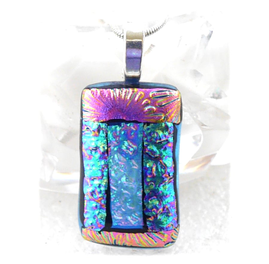 Cranberry Teal Patchwork Dichroic Glass Pendant 201 silver plated chain